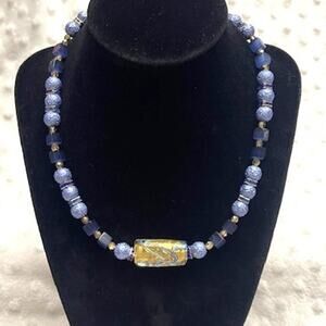 Vintage Murano Glass, Periwinkle, Navy, & Gold Bead, Choker Style Necklace